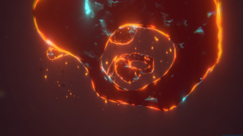Different scale of swirling clots with a hollow center dance across a vast sea of emptiness. Kindred to blood platelets, a fragmented outline of amber encapsulates each bubble ring. Far in the distance, specks of golden blobs are circulating.