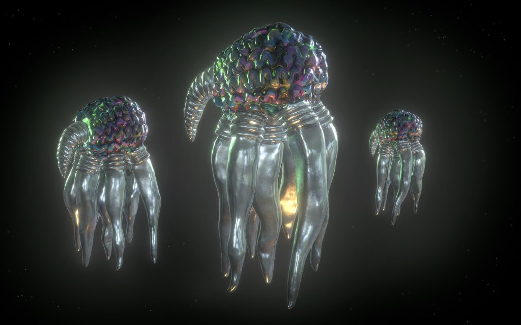 Three different scales of artificial large free-swimming creatures similar to that of a jellyfish. The centre jellyfish is the largest in the frame. The jellyfish creatures hover, with its umbrella-shaped encasing resembling a metallic pulsing brain with a jutting out tentacle to its side. The trailing tentacles are depicted as metallic legs with fragments of amber light bouncing on the tentacles. The background is jet black.