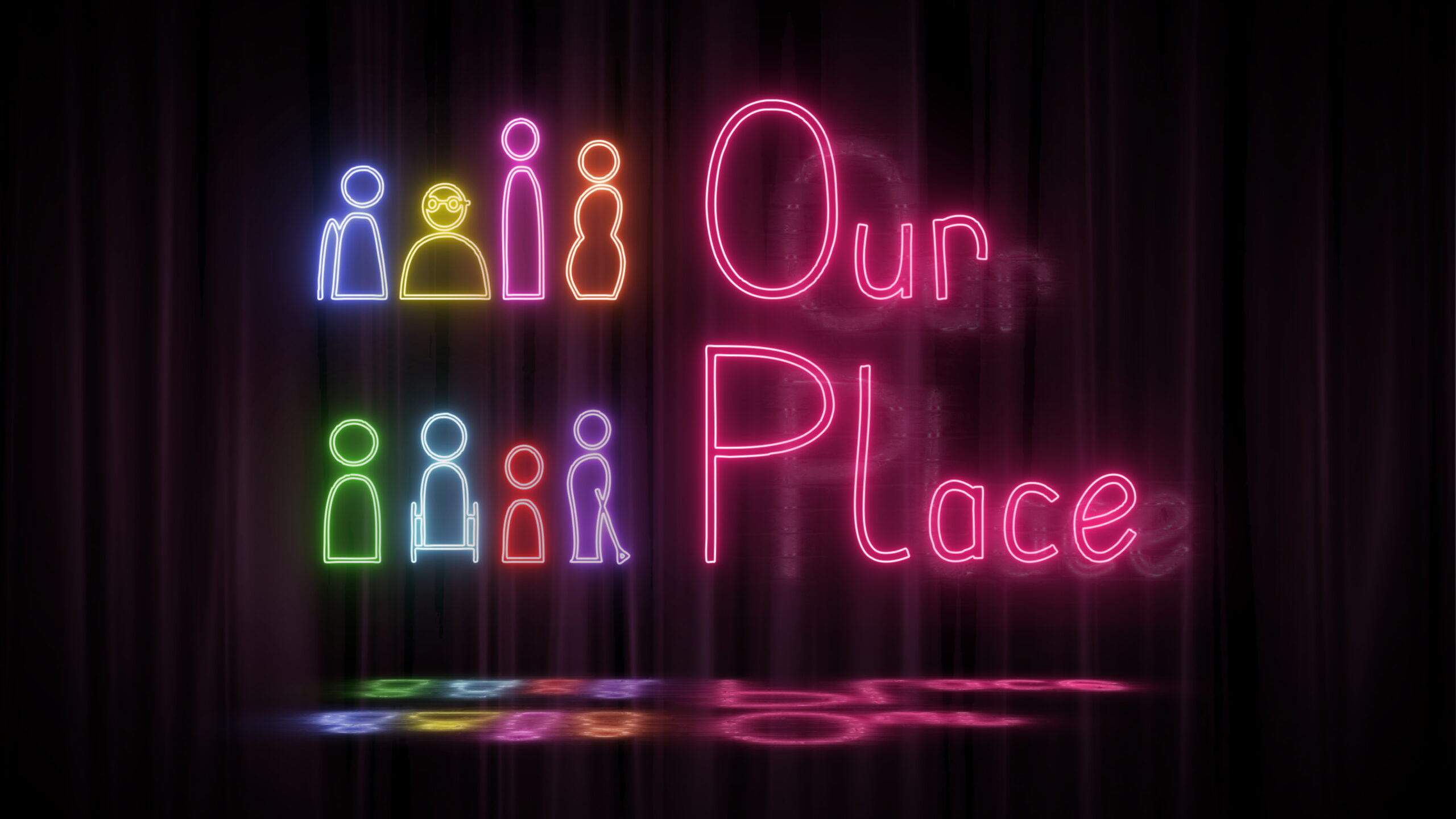 An electrifying neon sign featuring a diverse group of abstract figures, each uniquely shaped and glowing in vibrant colours. The figures, representing a diverse range of people, are set against a dark, velvety backdrop, with their light reflecting softly on the floor and curtain behind. To the right, the words 'Our Place' are illuminated in bold, neon letters. Our Place, exhibition image, credit: Daniel Obina Moses, AlanJames Burns, Sinead McCann, Orla Basquille.
